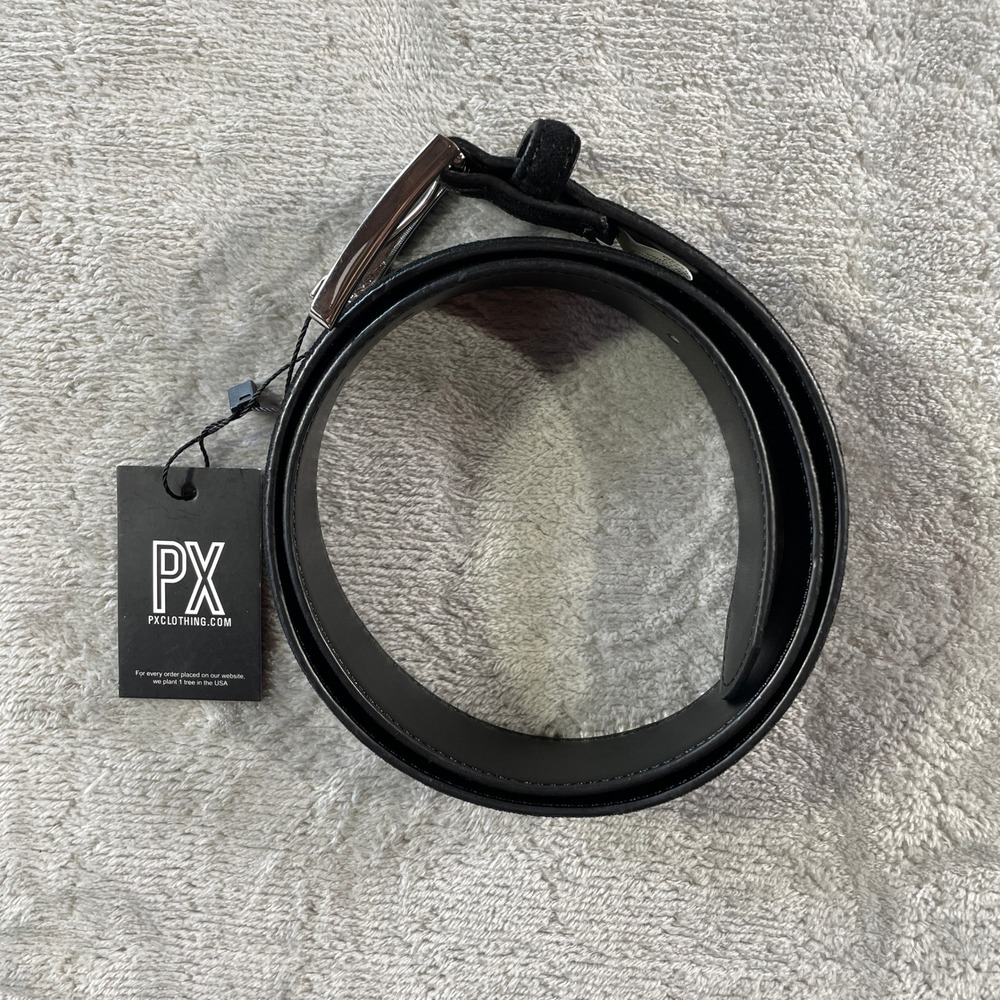 PX Clothing Belt Mens 34‎ Black Suede Leather Preppy Office Minimalist Casual